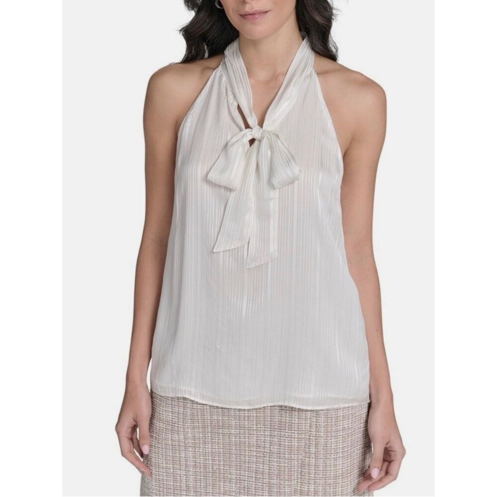 Calvin Klein Metallic Stripe Tie Neck Halter Blouse Sleeveless White XL NEW